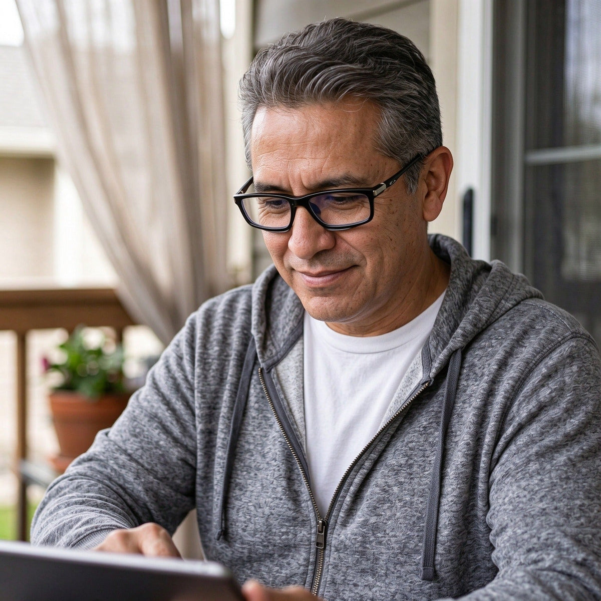 Man reading on a tablet while wearing multifocal reading glasses