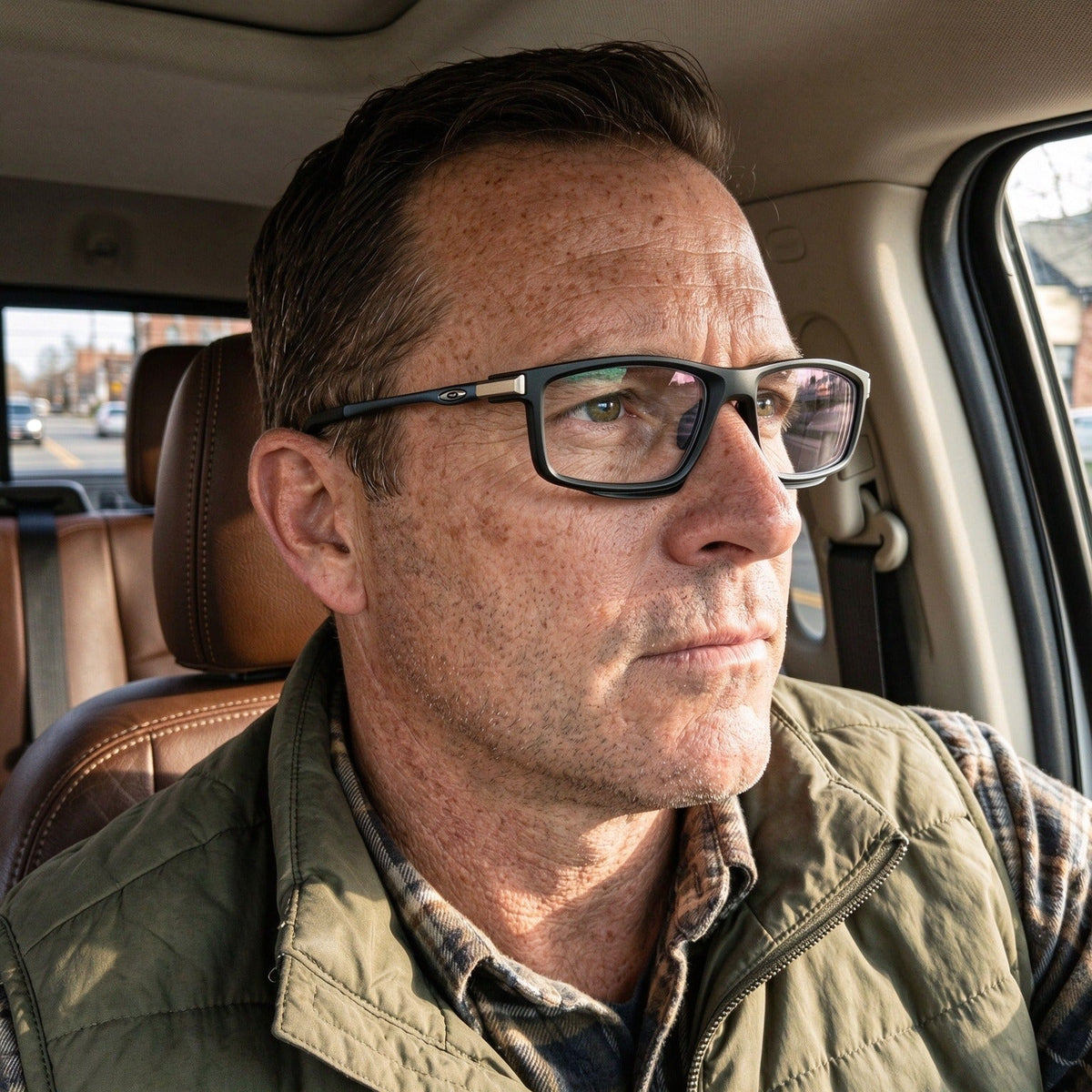 Man wearing multifocal reading glasses in a car