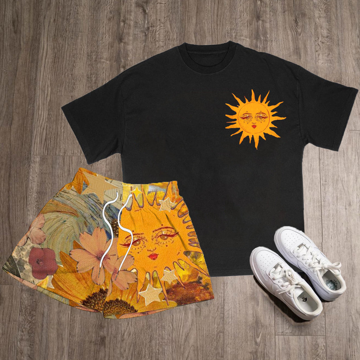 Cute Sun Print T-Shirt Shorts Two-Piece Set