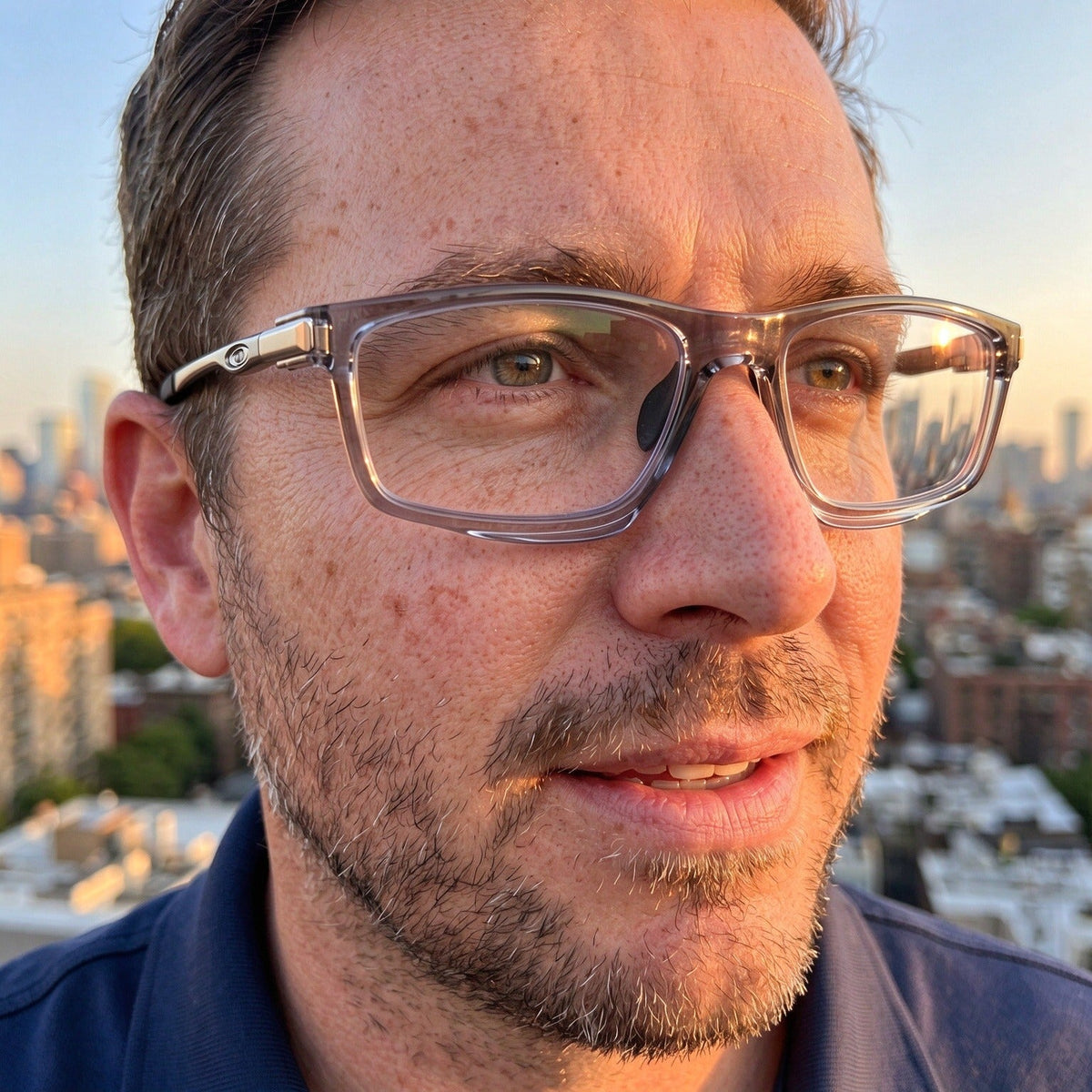 Man wearing photochromic multifocal reading glasses outdoors